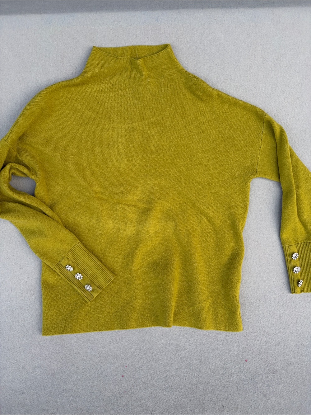 Tahari Olive Green Mock Neck Sweater with Jeweled Cuff Buttons